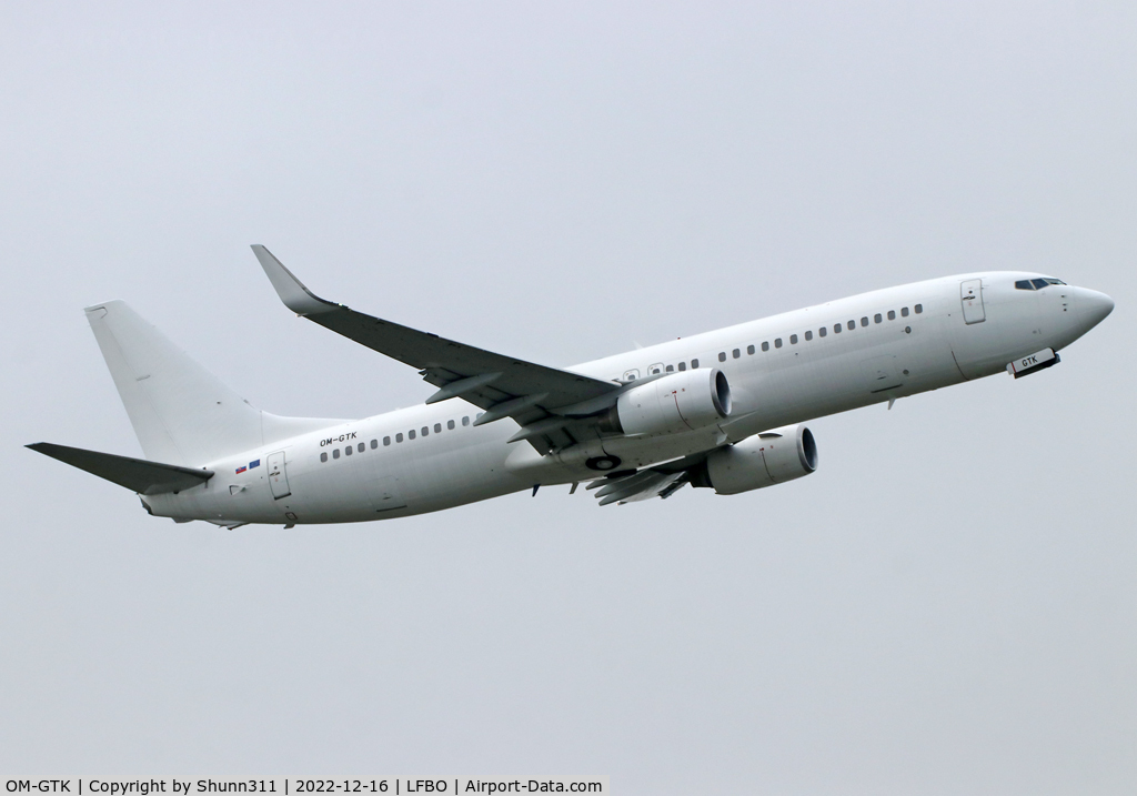 OM-GTK, 2008 Boeing 737-86N C/N 36809, Taking off from rwy 32R in all white c/s...