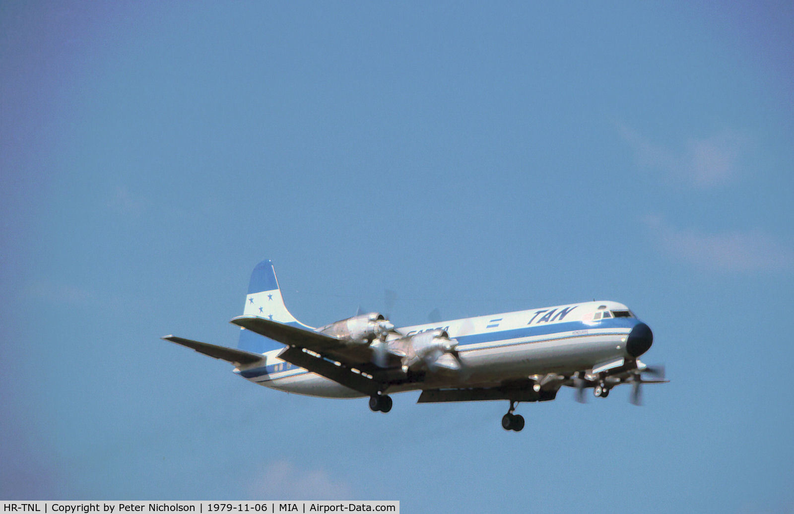 HR-TNL, 1960 Lockheed L-188C(F) Electra C/N 1134, Electra L-188CF of TAN Honduras landing at Miami International in November 1979.