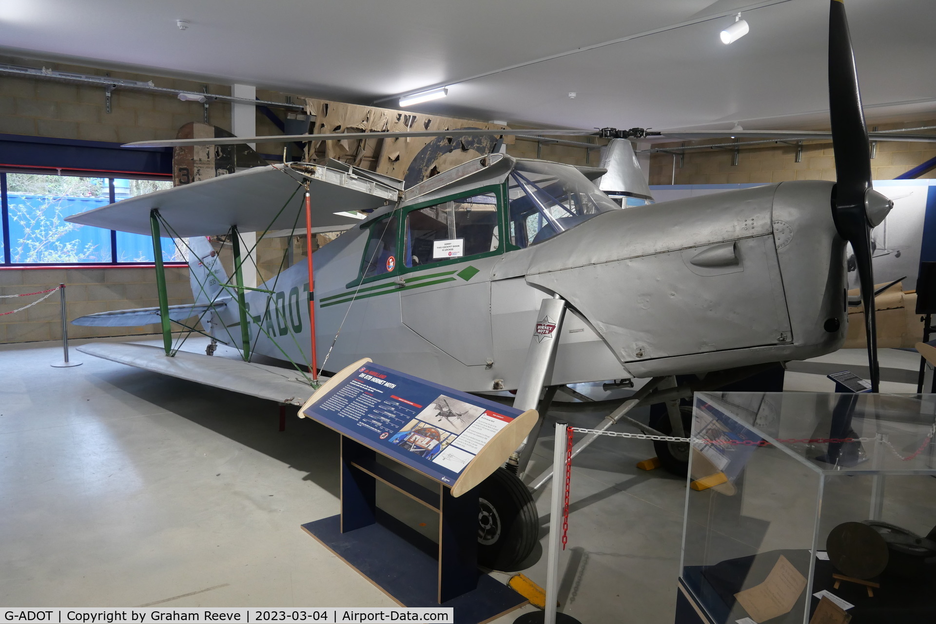 G-ADOT, De Havilland DH.87B Hornet Moth C/N 8027, On display at the De Havilland Museum, London Colney.