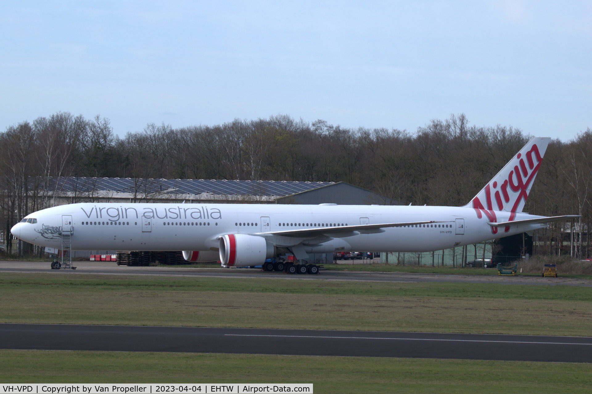 VH-VPD, 2009 Boeing 777-3ZG/ER C/N 37938, Virgin Australia Airlines Boeing 777-300ER at Twente airport, the Netherlands, for demolition by AELS. It arrived on 2 april 2023.