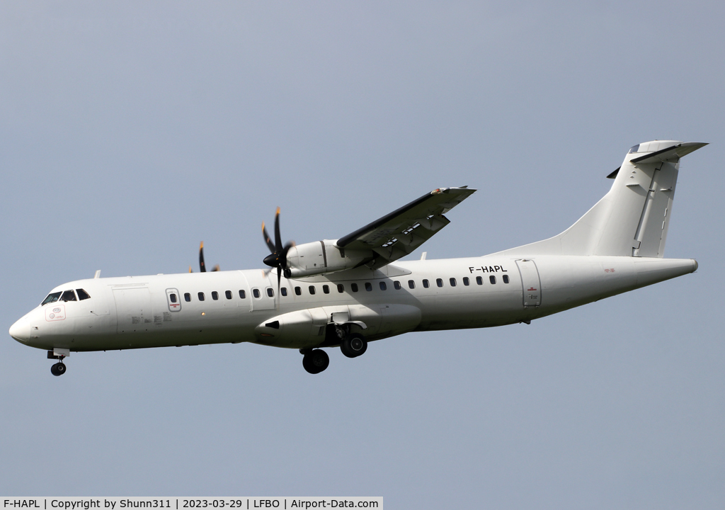 F-HAPL, 2000 ATR 72-212A C/N 654, Landing rwy 14L in all white c/s without titles... Operated by Chalair Aviation...