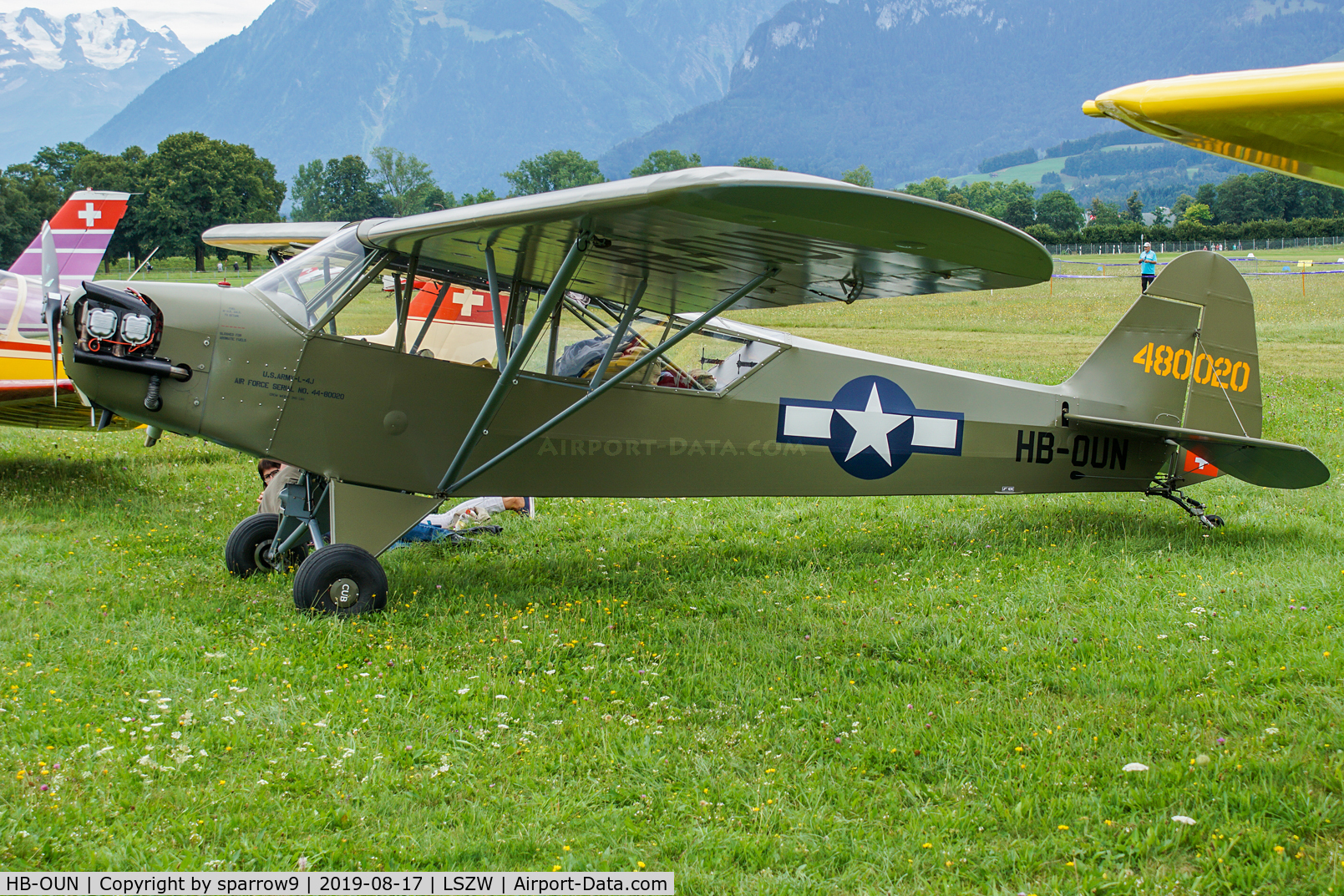HB-OUN, 1944 Piper L-4H Grasshopper (J3C-65D) C/N 12316, At Thun. HB-registered from 1946-08-16 til 2014-11-26 and again since 2017-06-28
