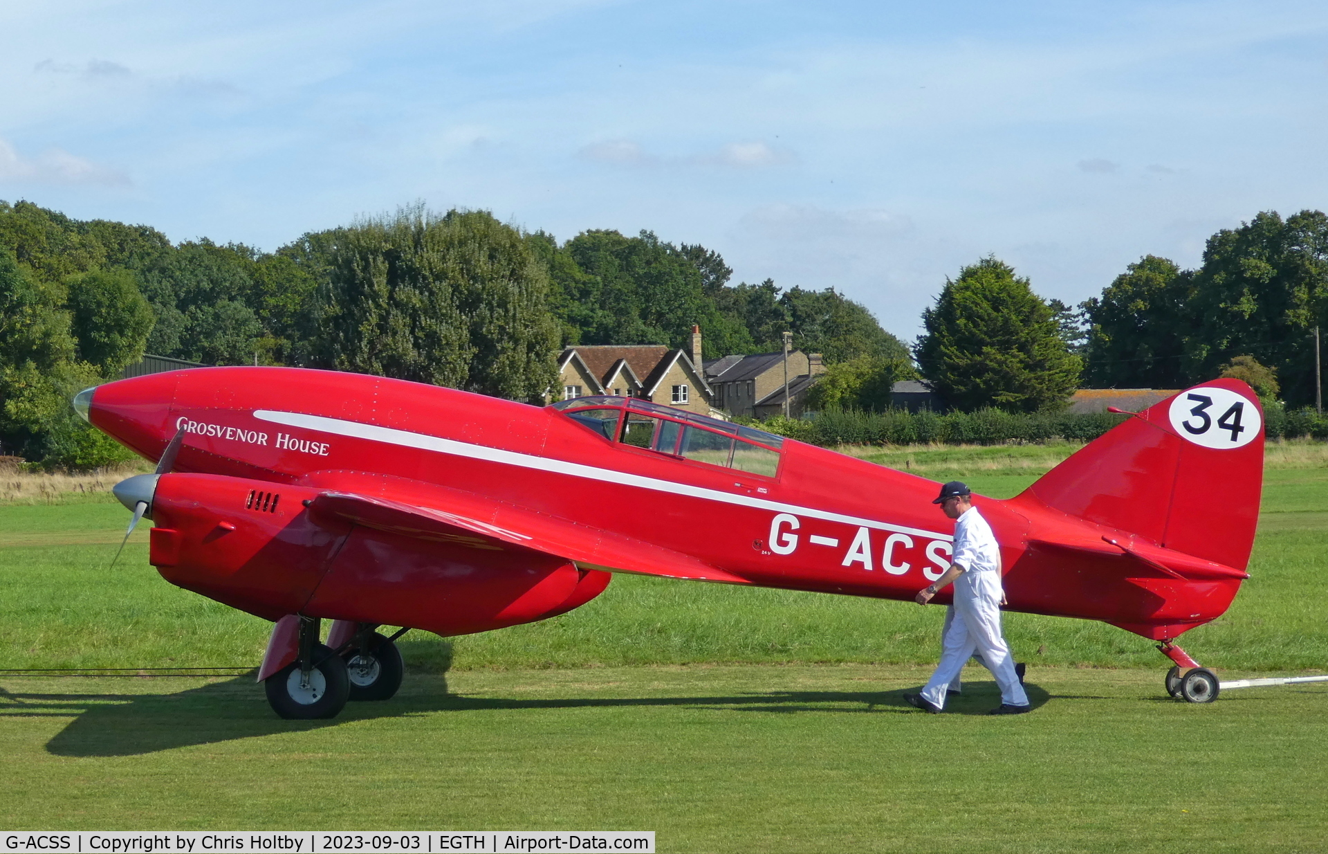 G-ACSS, 1934 De Havilland DH-88 Comet C/N 1996, Being towed back to the Collection hangars during the Vintage Airshow at Old Warden
