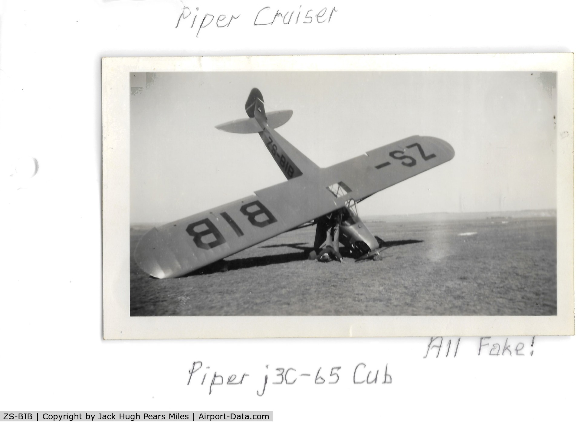 ZS-BIB, 1945 Piper J3C-65 Cub Cub C/N 20119, Faked Accident. Photo from my late father's photo album.
I think the photo was taken in Kroonstad in South Africa.