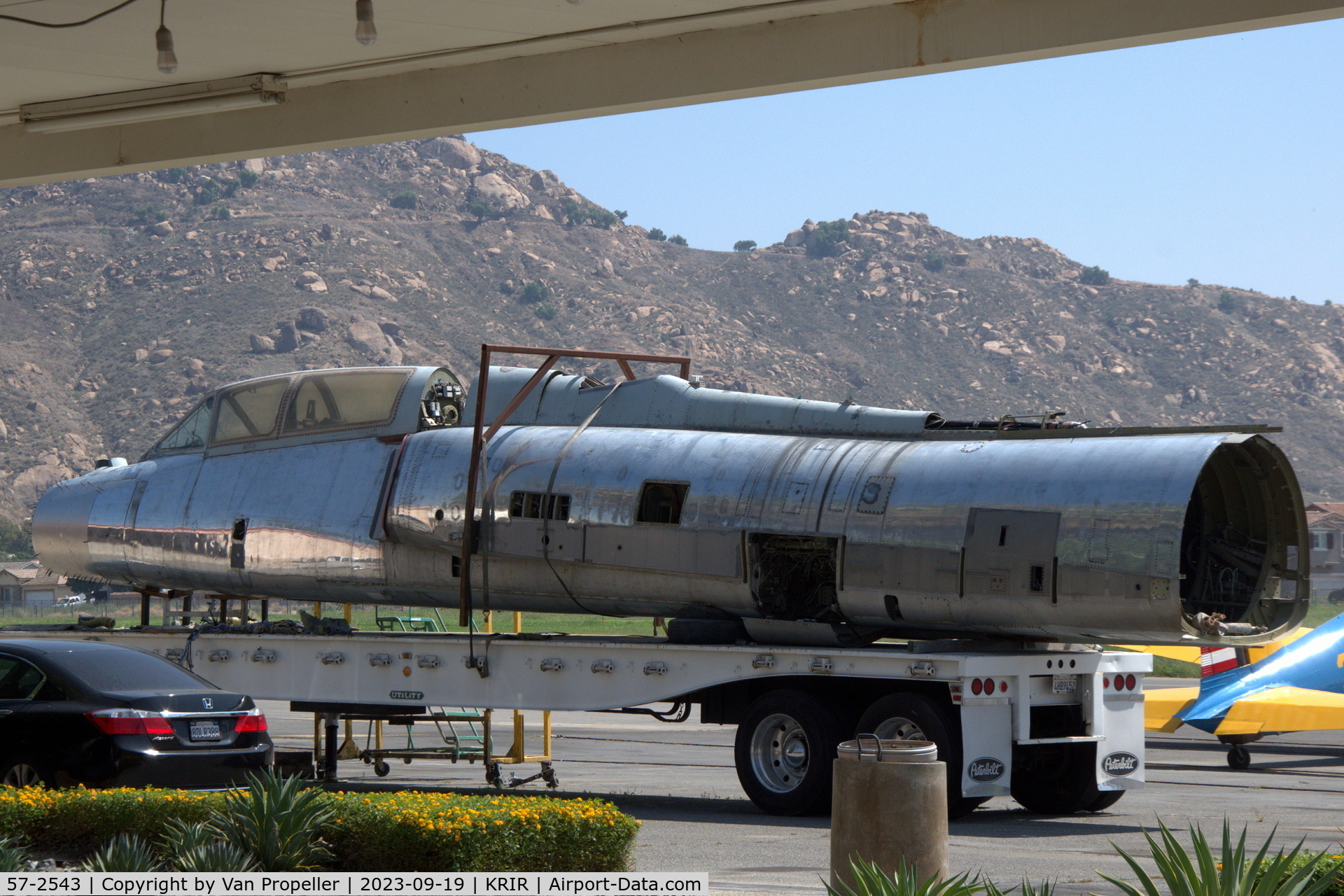 57-2543, 1957 Convair QF-106B Delta Dart C/N 8-27-37, Convair QF-106B Delta Dart fuselage on a flatbed trailer at Flabob airport, California.