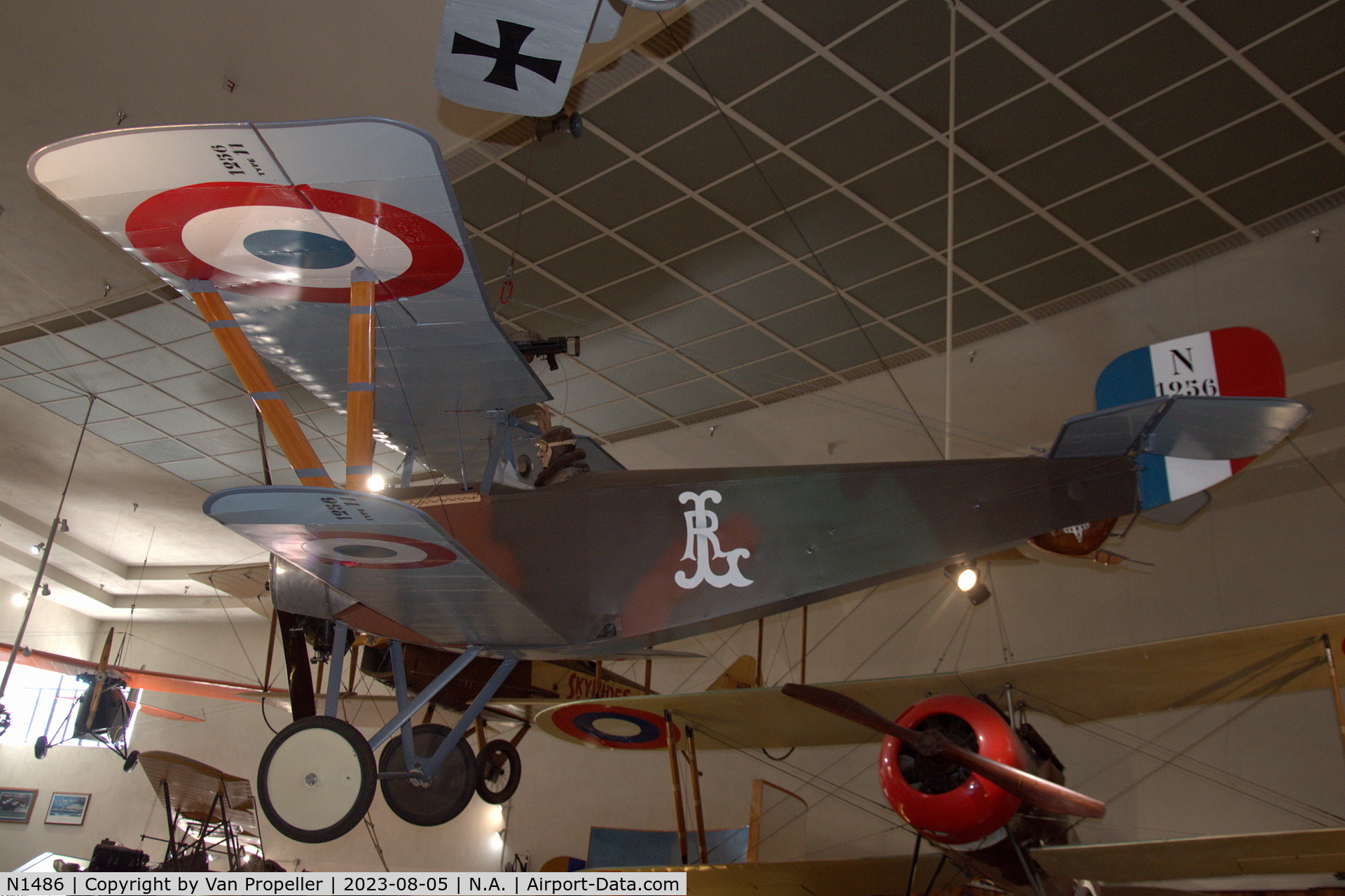 N1486, Nieuport 11 Replica C/N 102, Nieuport 11 Bébé replica hanging in San Diego Air & Space Museum