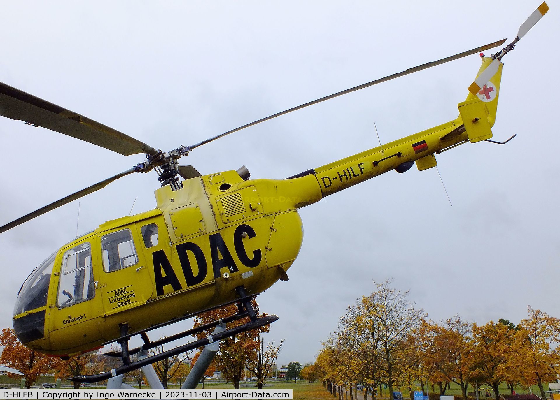 D-HLFB, MBB Bo-105S C/N S-868, MBB Bo 105S, displayed to represent 'D-HILF', the first Bo 105 EMS helicopter of the ADAC, at the visitors park of Munich international airport (Besucherpark). The real D-HILF is exhibited at the Flugwerft Schleißheim of the Deutsches Museum