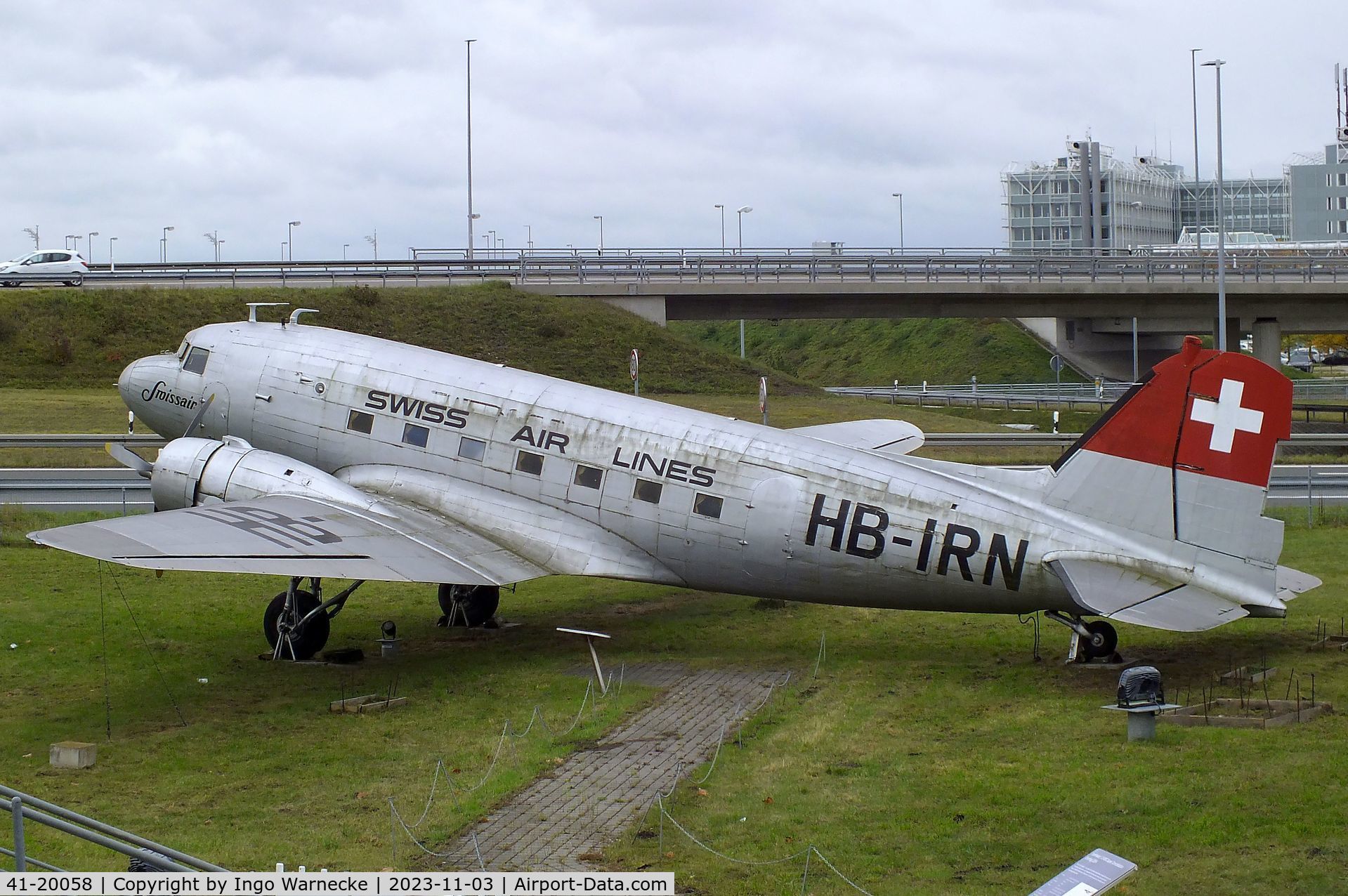 41-20058, 1941 Douglas C-53-DO C/N 4828, Douglas C-53-DO, displayed to represent 'HB-IRN' of Swissair at the visitors park of Munich international airport (Besucherpark). The real HB-IRN is preserved at the Verkehrshaus der Schweiz in Lucerne