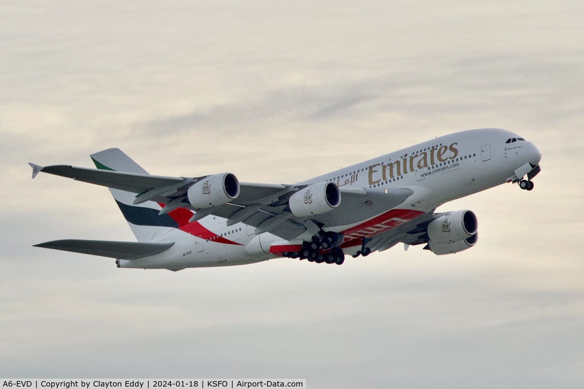 A6-EVD, 2017 Airbus A380-842 C/N 249, SFO 2024.