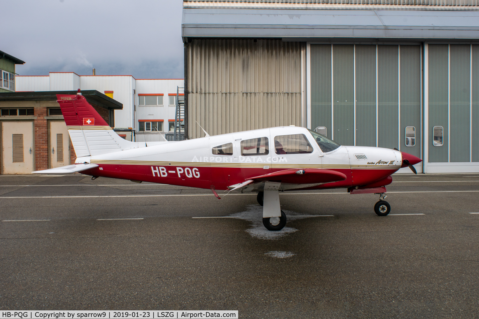 HB-PQG, 1977 Piper PA-28R-201T Cherokee Arrow III C/N 28R-7803047, At Grenchen. HB-registered since 2003-06-25.
