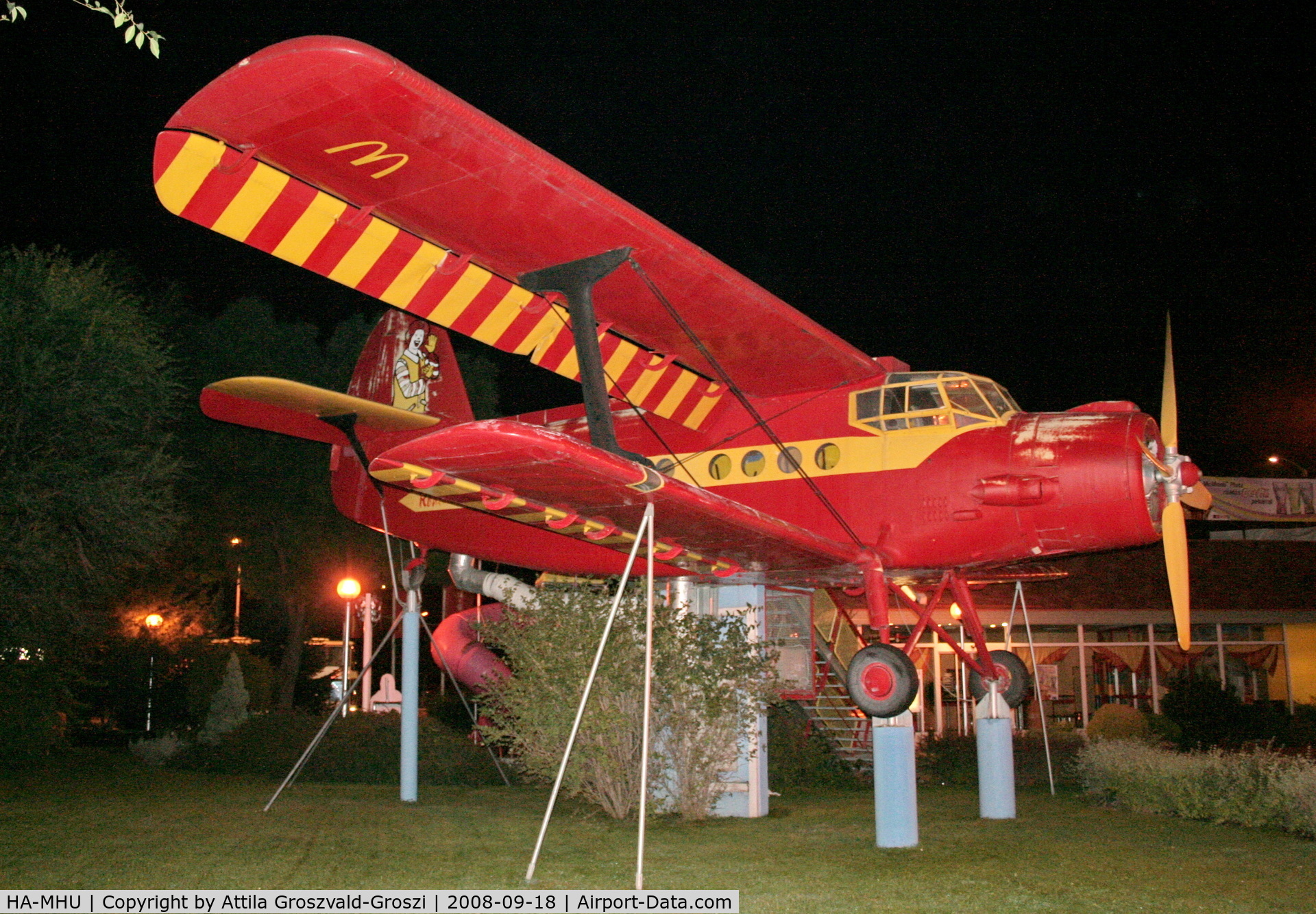 HA-MHU, 1974 PZL-Mielec An-2R C/N 1G155-12, Exhibited in Budapest at McDonald's on Kerepesi Street. Since then, he escaped from here to a wildlife park, Szigethalom.