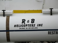 N5800K @ SNS - Close-up of tank and R & B Helicopters titles on 1971 Bell OH-58A (71-20843) sprayer at Salinas, CA - by Steve Nation