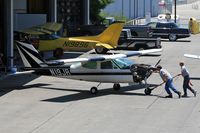 N19JR @ SMO - 1973 Cessna 177RG Cardinal RG N19JR being pushed into the maintenance hangar at Santa Monica Municipal Airport (KSMO) - Santa Monica, California. - by Dean Heald