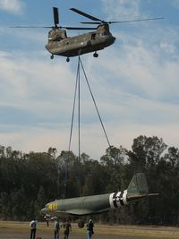 N16602 @ TRAVIS AFB - The C-47 being test lifted by a Califronia National Guard Boeing CH-47 Chinook helicopter - by Jack Snell