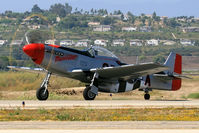 N44727 @ CMA - 1944 North American P-51D N44727 'Man O'War' taxiing prior to her performance at the 2006 EAA Camarillo Airshow.  (1/50 sec)  Backlit, but still cool. - by Dean Heald