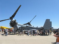 166687 @ OSH - Bell-Boeing MV-22B 'OSPREY' of USMC VMM-266, two Rolls Royce AE1107C Liberty Turboshaft 6,150 shp each, FADEC & HOTAS, cross-coupled transmission, fixed wing, folding proprotors. Unrefueled mission radius 430+ nautical miles - by Doug Robertson