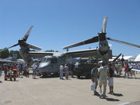 166687 @ OSH - Bell-Boeing MV-22B 'OSPREY' of USMC VMM-266, 2 Rolls Royce AE1107C Liberty Turboshaft 6,150 shp each, FADEC & HOTAS, cross-coupled transmission, fixed wing, folding proprotors. Design allows vertical or horizontal flight at ANY climb or descent angle. - by Doug Robertson