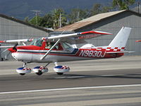 N9830J @ SZP - 1975 Cessna A150M AEROBAT, Continental O-200 100 Hp, rated +6,-3 Gs, checker stripe tail, near touchdown Rwy 22 - by Doug Robertson