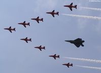 04-4073 @ LFI - Raptor formation with Red Arrows - by Paul Perry