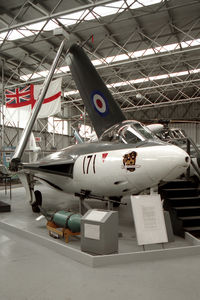 WF259 @ E FORTUNE - Hawker Sea Hawk F2.  Served with 736 NAS, Lossiemouth Station Flight and as an instructional airframe. Seen here at the National Museum of Flight at East Fortune in Scotland in 1993. - by Malcolm Clarke