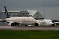 HZ-AKJ @ EGCC - taxiing out followed by A6-EBX Emirates Boeing 777-31HER - by Chris Hall