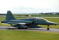 K-4015 @ EGQS - NF-5B of 316 Squadron Royal Netherlands Air Force taxying to the active runway at RAF Lossiemouth in May 1990. - by Peter Nicholson