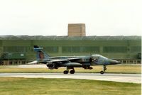 XZ111 @ EGQS - Jaguar GR.1A of 6 Squadron at RAF Coltishall taxying to the active runway at Lossiemouth in September 1989. - by Peter Nicholson