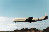 XV251 @ EGQS - Nimrod MR.2 of the Kinloss Maritime Wing landing at RAF Lossiemouth in September 1989. - by Peter Nicholson