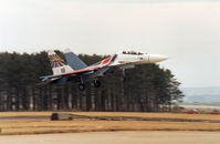 19 BLUE @ EGQL - Flanker C of the Russian Knights display  team landing at the 1991 RAF Leuchars Airshow. - by Peter Nicholson