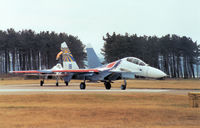 19 BLUE @ EGQL - Flanker C of the Russian Knights display team taxying onto the active runway at the 1991 RAF Leuchars Airshow. - by Peter Nicholson