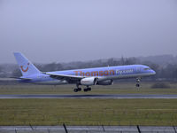 G-BYAP @ EDI - Thomson B757 Landing on runway 06 - by Mike stanners