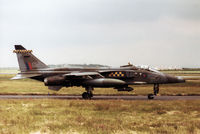 XZ385 @ EGQS - Jaguar GR.1A of 54 Squadron at RAF Coltishall taxying to the active runway at RAF Lossiemouth in the Summer of 1993. - by Peter Nicholson