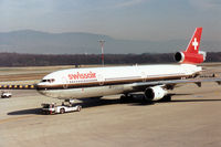 HB-IWA @ GVA - Swissair MD-11 being positioned at Geneva in March 1993. - by Peter Nicholson