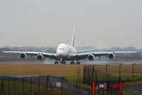 A6-EDA @ EGCC - Emirates A380 A6-EDA touching down on RW05R and making its first visit to MAN - by Chris Hall