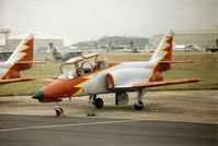 E25-08 @ EGVA - CASA 101EB Aviojet of the Spanish Air Force's Team Aguila aerobatic team on the flight-line at the 1994 Intnl Air Tattoo at RAF Fairford. - by Peter Nicholson