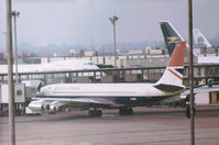 G-ARRC @ LHR - Boeing 707-436 of British Airways at the terminal at Heathrow in November 1974. - by Peter Nicholson