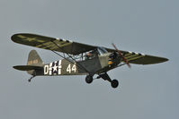 G-AXHR @ EGSX - G-AXHR (329601), 1943 Piper J3C-65, c/n: 10892 arriving at North Weald - by Terry Fletcher