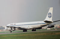 N424PA @ LHR - Boeing 707-321B of Pan American World Airways preparing for take-off on Runway 27L at Heathrow in November 1974. - by Peter Nicholson
