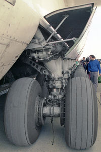 CCCP-82060 @ EGLF - Some of the 24 wheels of Mryia's main undercarriage. Antonov An-225 Mriya at SBAC Farnborough in September 1990. - by Malcolm Clarke