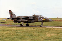 XX139 @ EGQS - Jaguar T.2A of 16[Reserve] Squadron taxying to Runway 05 at RAF Lossiemouth in September 1993. - by Peter Nicholson