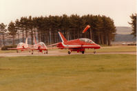 XX266 @ EGQL - Hawk T.1A of the Red Arrows aerobatic display team leading a section to the active runway at the 1988 RAF Leuchars Airshow. - by Peter Nicholson