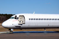 SE-RBE @ ESSP - MD-82 parked at Norrköping Kungsängen airport, Sweden. Used as a source for spares and to be scrapped. Note the Gustav Airline text on its nose. - by Henk van Capelle