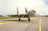 711 @ EGLF - Actually a Su-35 when shown here. At the Farnborough Air Show. - by Howard J Curtis