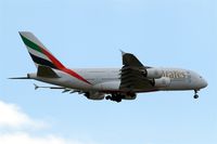 A6-EDN @ EGLL - Airbus A380-861 [056] (Emirates Airlines) Home~G 02/06/2013. On approach 27L. Wearing Expo 2020 titles. - by Ray Barber