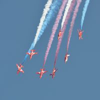 XX322 - Off airport. Seven ship RAF Red Arrows formation break led by XX322 on the first day of the Wales National Air Show, Swansea Bay, UK - by Roger Winser