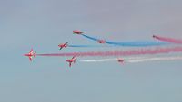 XX322 - Off airport. RAF Red Arrows seven ship formation break led by XX322 on the first day of the Wales National Air Show, Swansea Bay, UK. - by Roger Winser