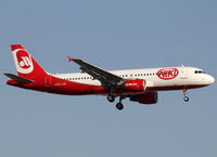 OE-LEU @ LEBL - Landing rwy 25R in basic new Air Berlin c/s with titles - by Shunn311