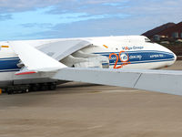 RA-82081 @ FHAW - Pictured on ramp at Ascension Island. Picture taken from a taxying aircraft. Note Special Anniversary Marks on Antonov nose. - by Clive Pattle