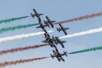 MM54538 @ EGVA - RIAT 2014, MB-339A, Frecce Tricolori, converging flight, smoke on, in the colours of the Italian flag. - by Derek Flewin