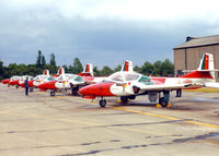 2407 @ EGVI - Scanned from print, Pictured are five mebers of the 7 strong Portugese AF Team 'ASAS De Portugal' as they appeared at IAT Greenham Common, 1979. 2407 is nearest. - by Clive Pattle